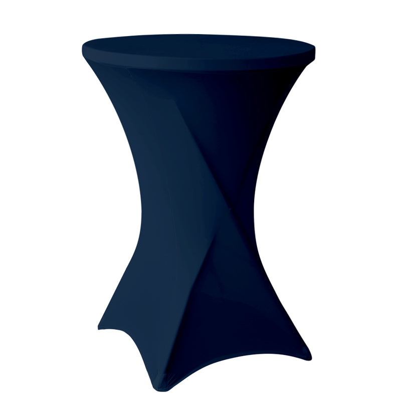 Statafelrok in de kleur navy, strak om een ronde statafel van Ø80 cm