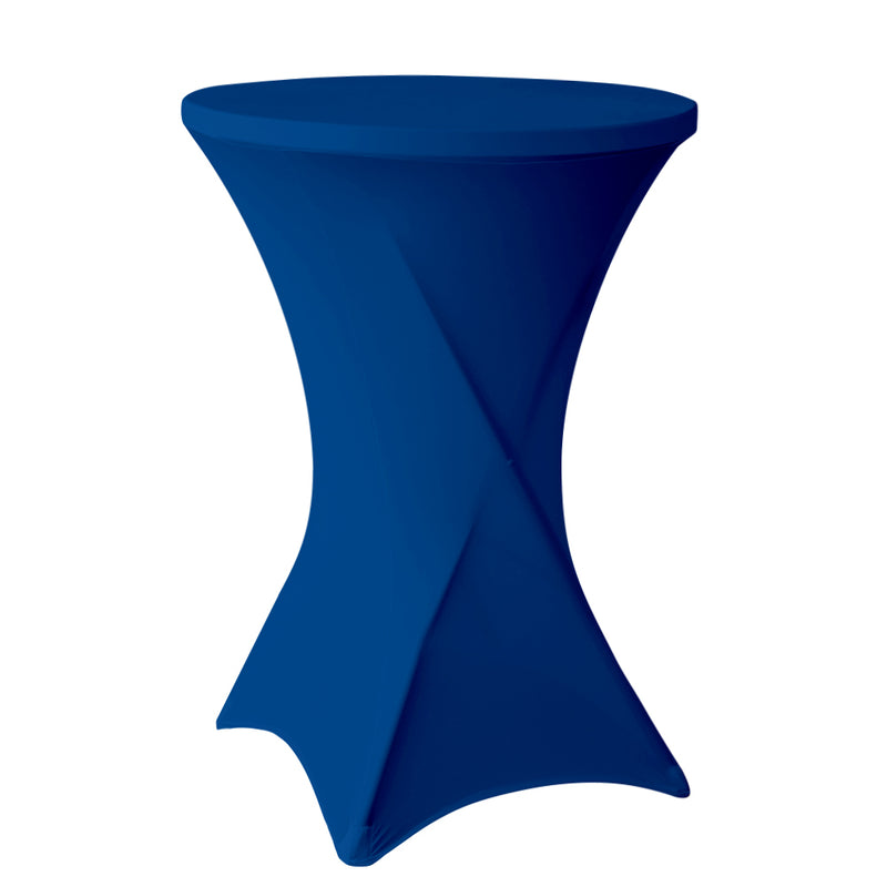 Statafelrok in de kleur royalblauw, strak om een ronde statafel van Ø80 cm